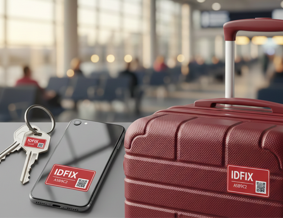 Printable security marking labels applied to keys, smartphone, laptop and suitcase – instant lost item recovery